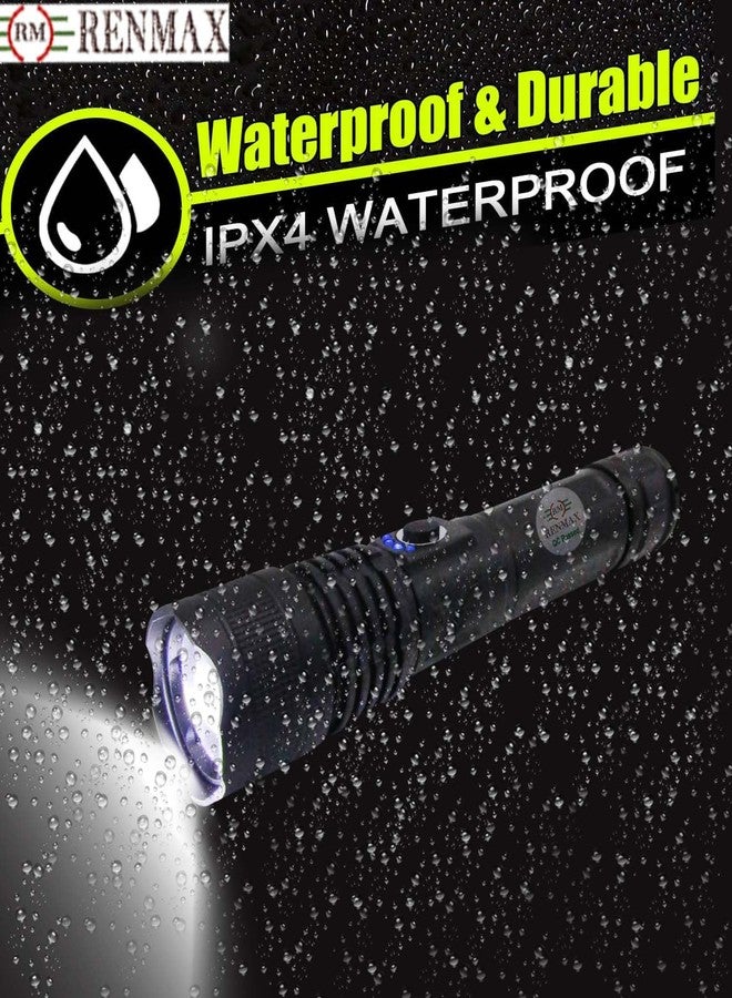 RENMAX High Bright Zoomable Torch Tactical Flashlight | 5-Lighting Modes | Rechargeable | for Emergency, Outdoor, Home, Camping, Hiking| Rainproof Metal Body -1 Pc (18 Cm Black) - Image 4